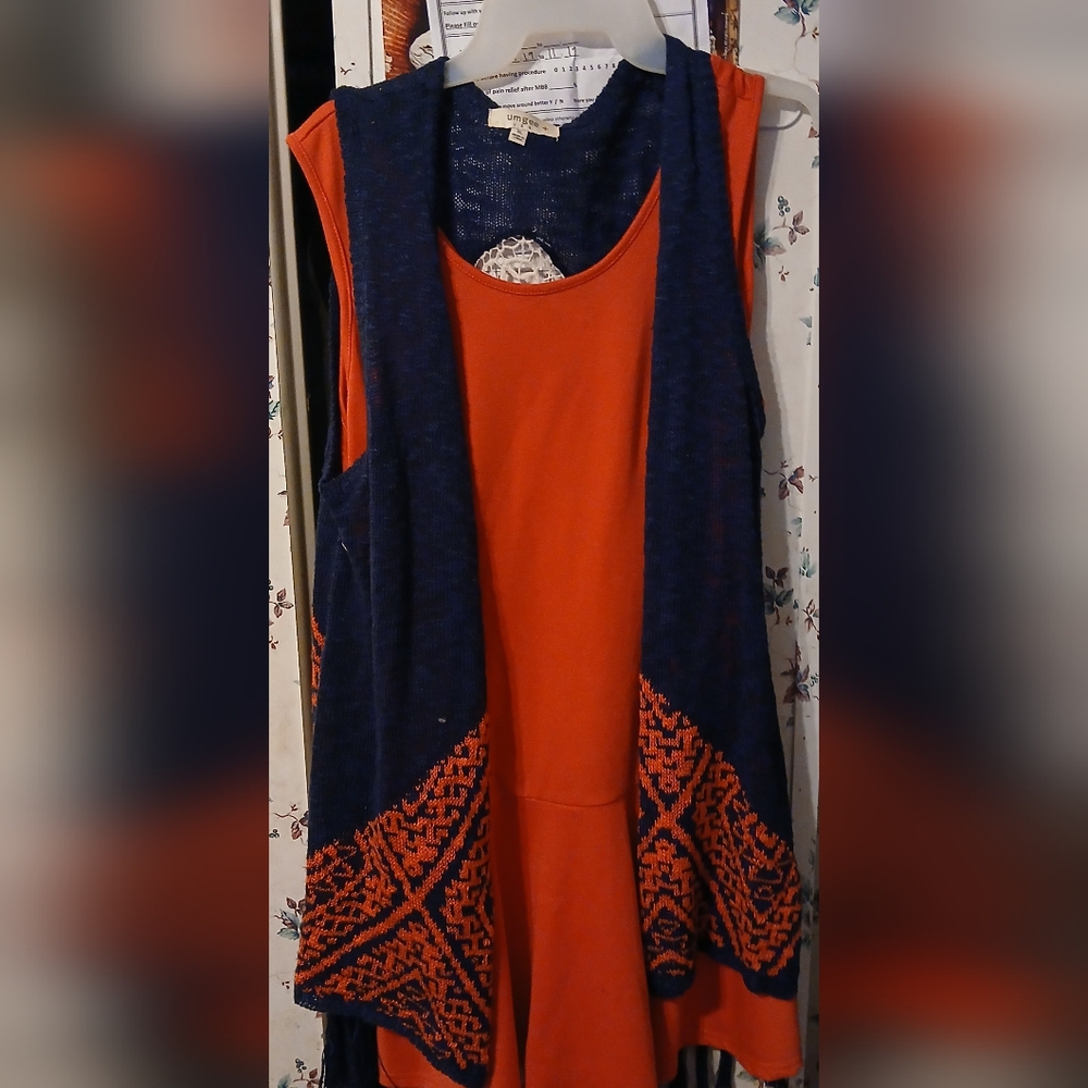 Orange and Blue Sleeveless Dress with Patterned Vest To Me Looks Red Dress